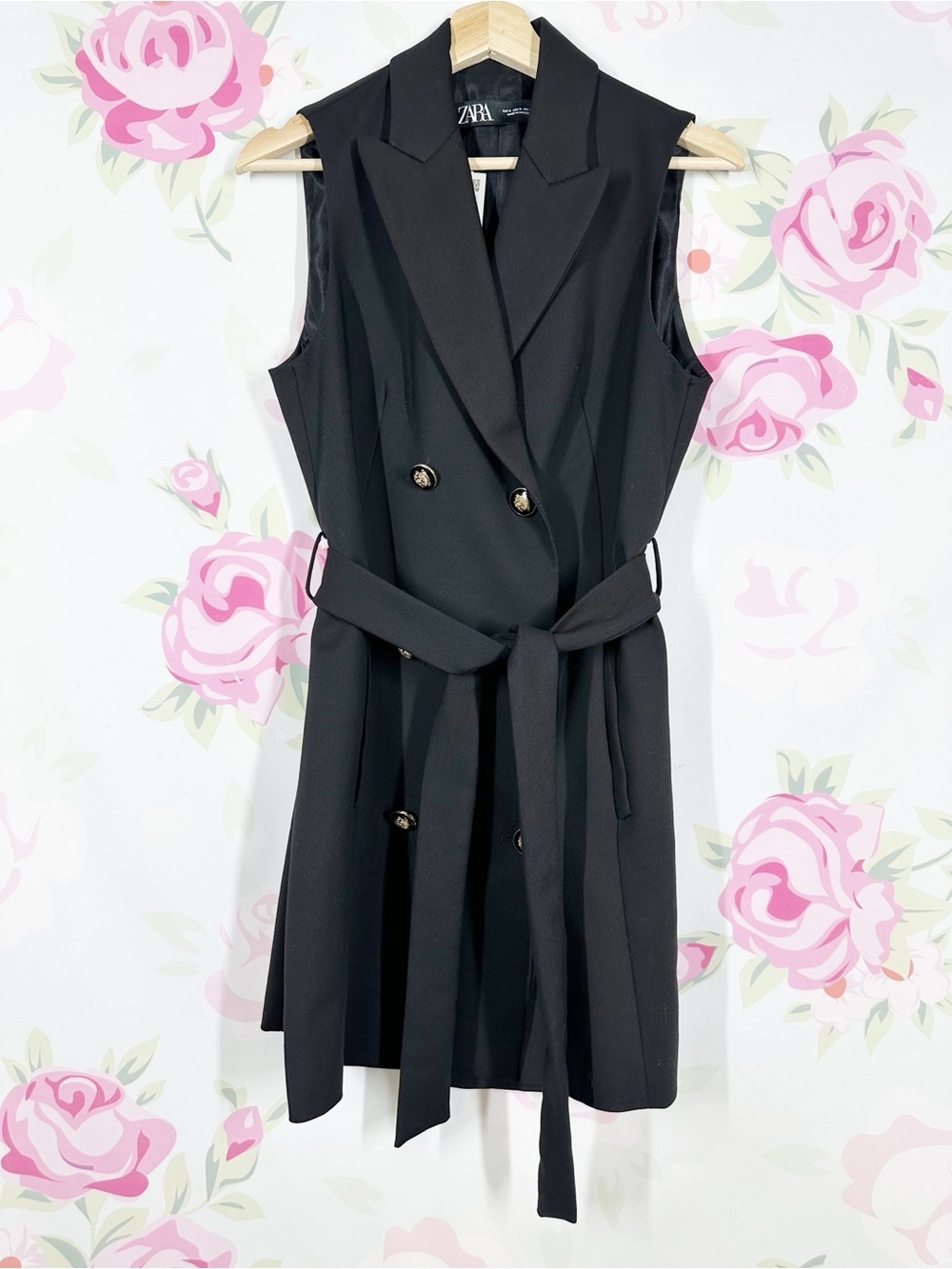 NEW ZARA Black Sleeveless Double-Breasted Belted Business Casual Mini Dress M
